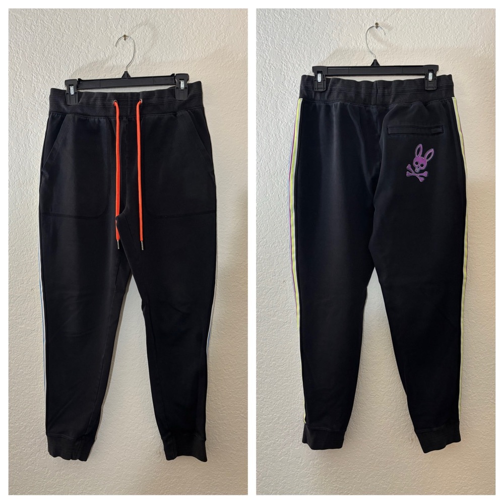 Psycho Bunny Men’s Jogger Sweatpants Black Multicolor Stripe Logo Size Small